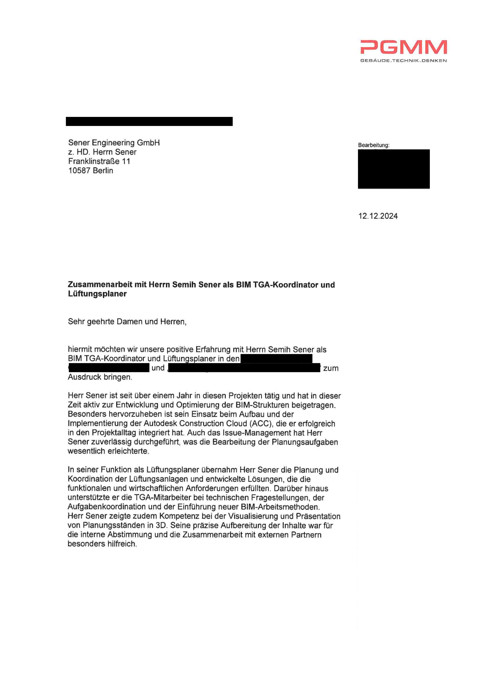 Referenzschreiben Seite 1 — Planungsgruppe M+M AG