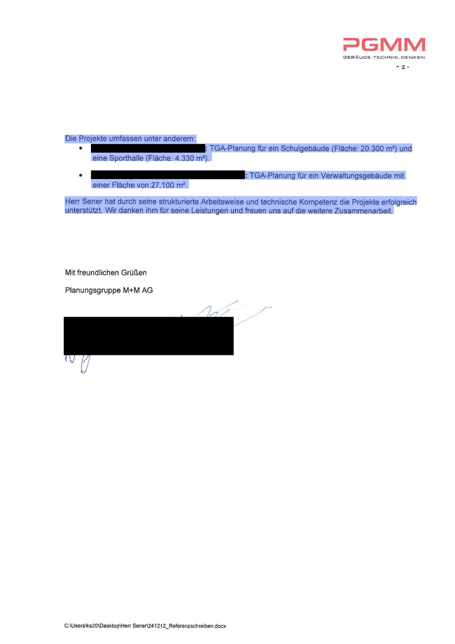 Referenzschreiben Seite 2 — Planungsgruppe M+M AG